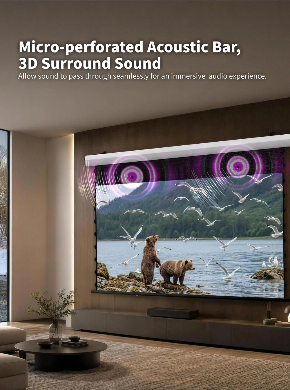 WUPRO FlowArc Lenticular UST screen combines CLR projection with an acoustically transparent black drop