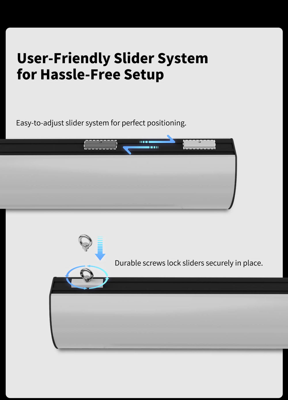 WUPRO FlowArc drop down screen sliding rail design allows flexible bracket positioning for easier installation