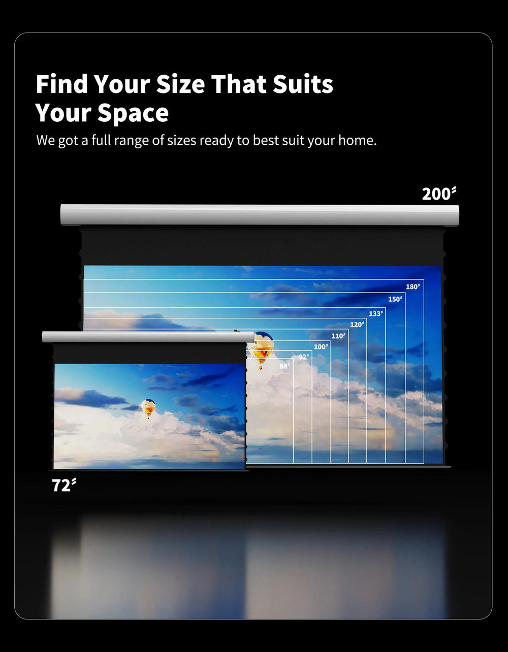 WUPRO FlowArc motorized drop down projector screen available in sizes from 72 to 200 inches