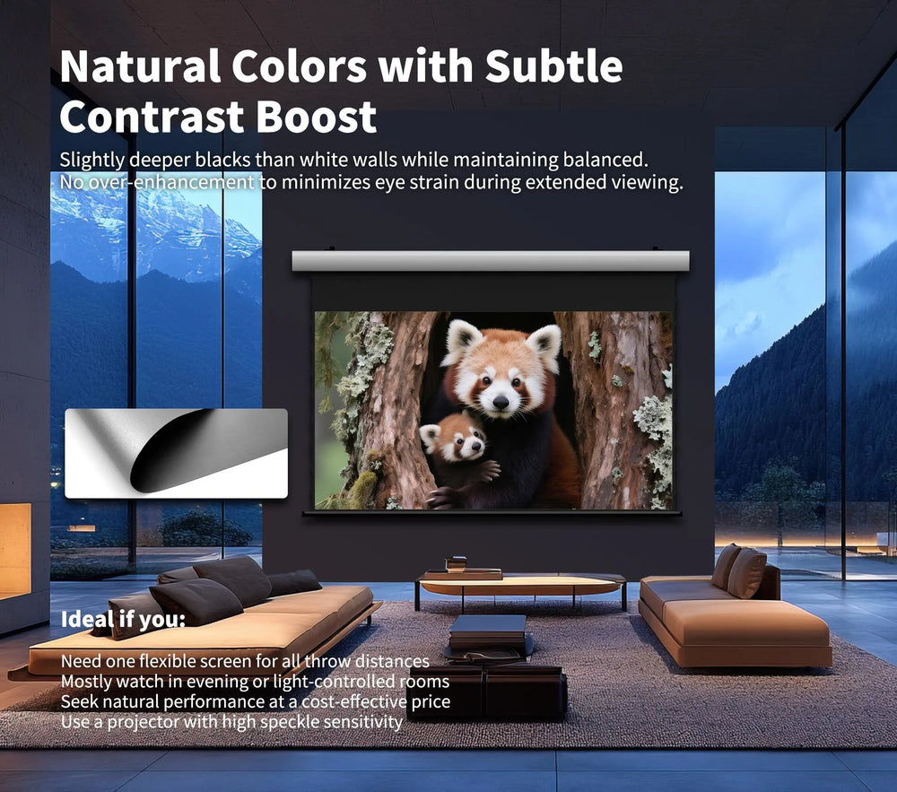 WUPRO FlowArc Soft Matte Grey projector screen enhances perceived contrast and black levels compared with a white matte screen