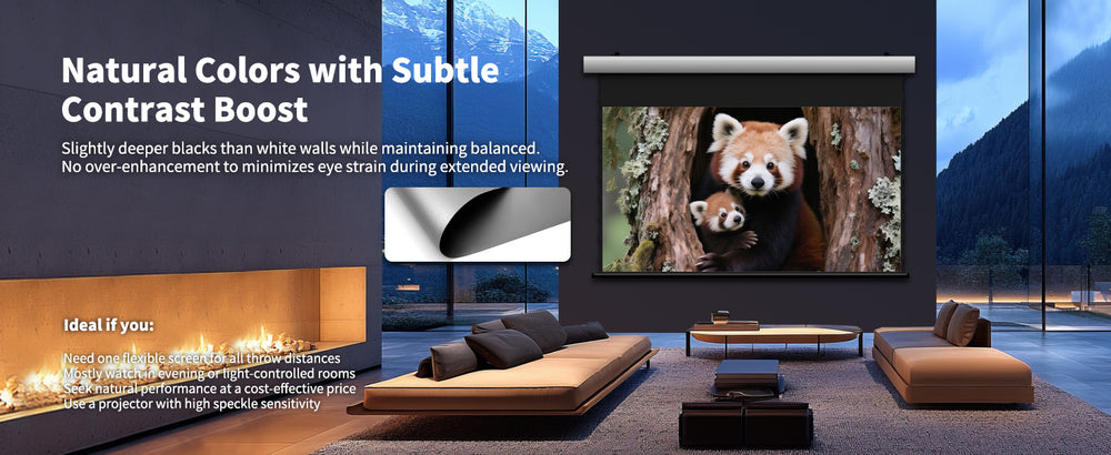 WUPRO FlowArc Soft Matte Grey projector screen enhances perceived contrast and black levels compared with a white matte screen