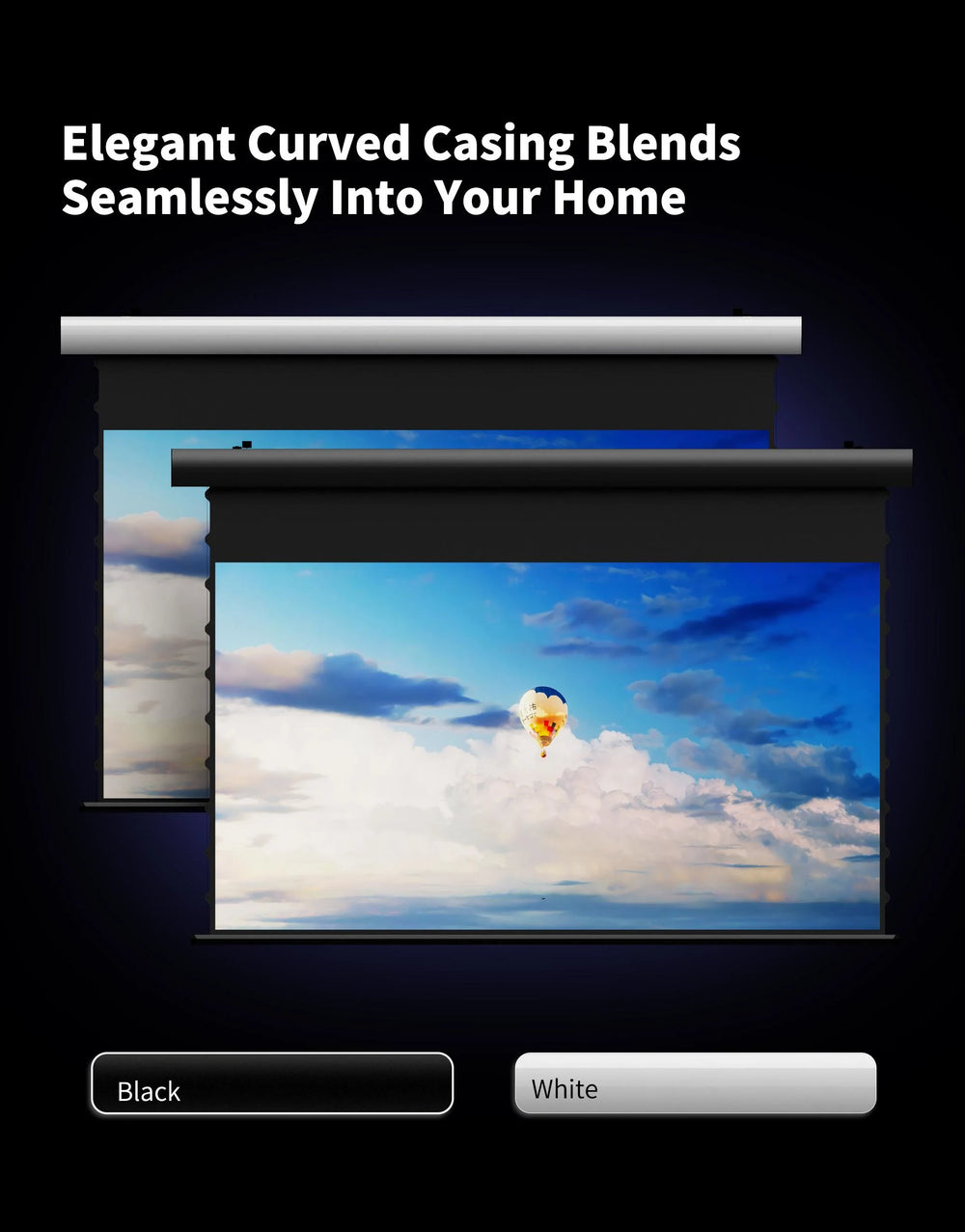 WUPRO FlowArc motorized Soft Matte Grey screen with black and white housing options for different interiors