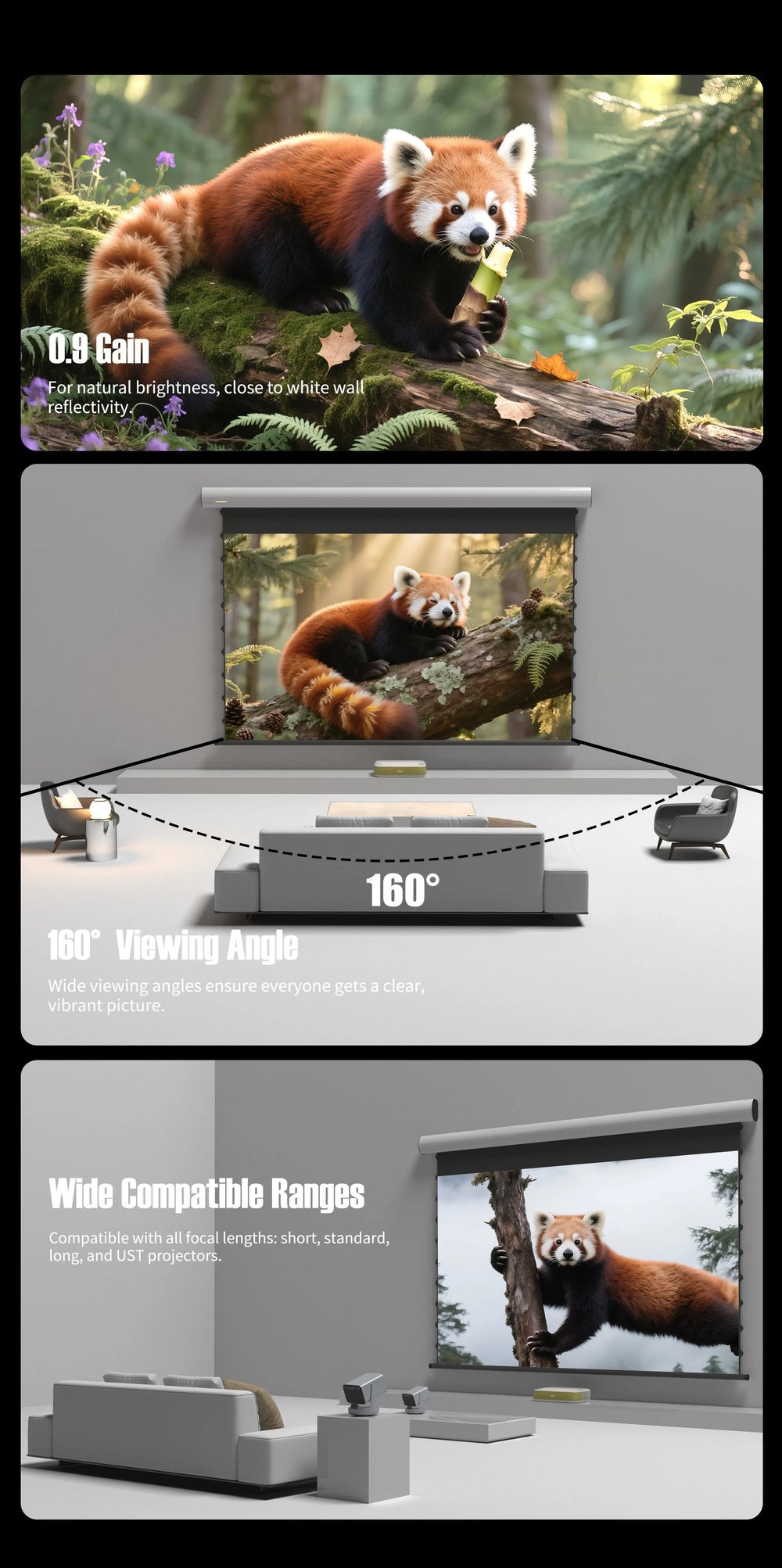 WUPRO FlowArc Soft Matte Grey anti-speckle screen with 0.9 gain smart control and RGB laser projector compatibility