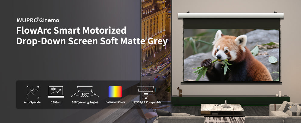 72 inch to 200 inch WUPRO FlowArc Soft Matte Grey anti-speckle motorized screen for RGB triple laser projectors including XGIMI Horizon 20 Max, Valerion VisionMaster Max and Hisense C2 Ultra