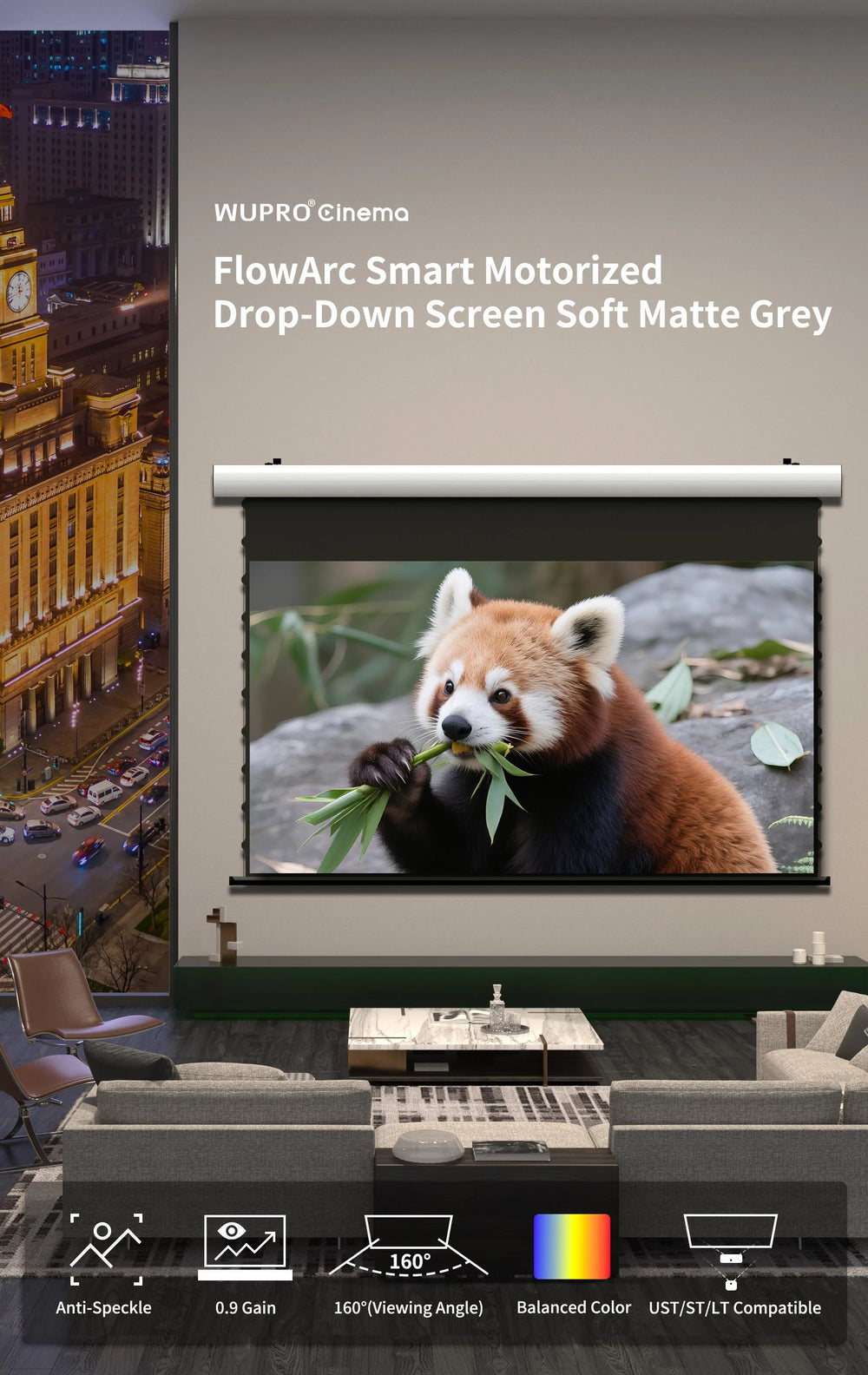 WUPRO FlowArc Soft Matte Grey motorized drop down projector screen for long throw and RGB laser projectors
