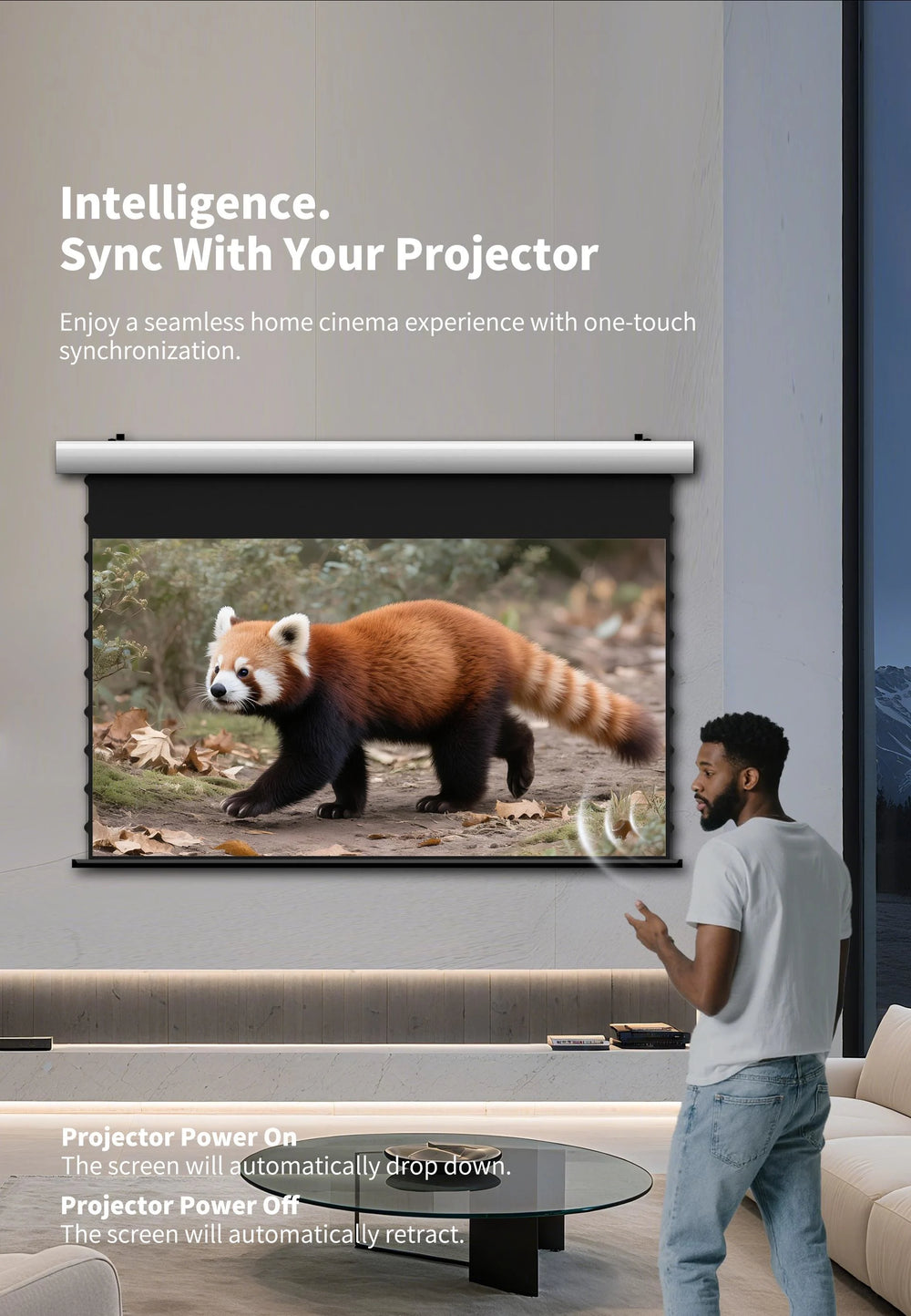 WUPRO FlowArc screen automatically lowers and retracts with compatible projectors using USB trigger
