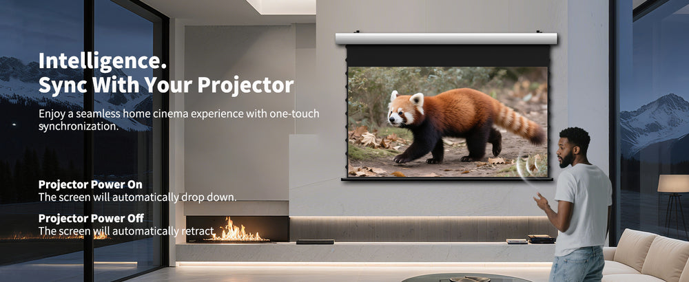 WUPRO FlowArc Soft Matte Grey motorized screen with USB trigger for automatic projector synchronization