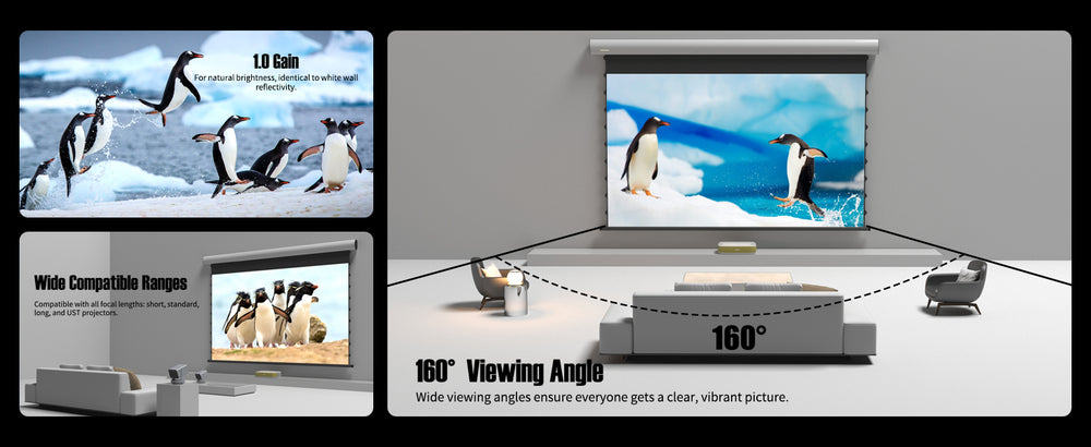 WUPRO FlowArc Soft Matte White motorized screen with anti-speckle 1.0 gain wide viewing tab tension smart control and RGB triple laser compatibility