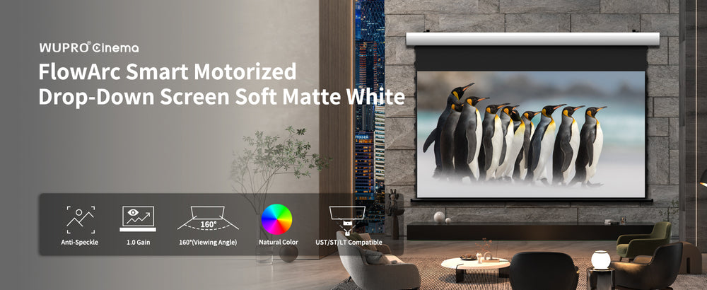 WUPRO FlowArc Soft Matte White motorized drop down projector screen for RGB triple laser and long throw projectors