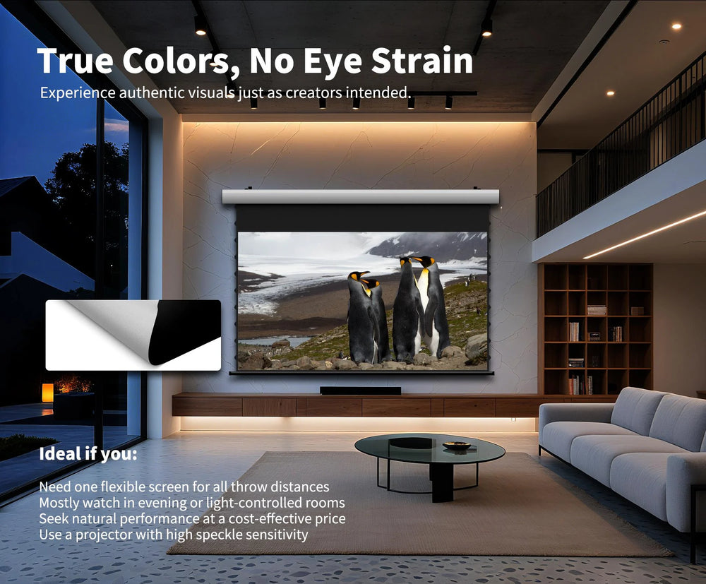 WUPRO FlowArc Soft Matte White screen with neutral white projection surface for natural image reproduction