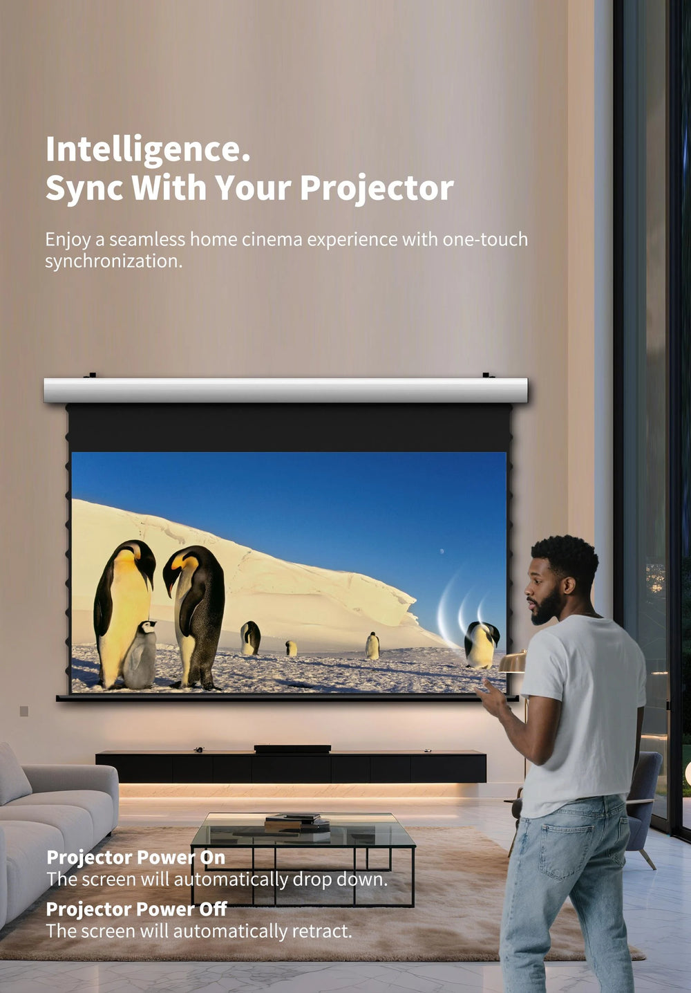 WUPRO FlowArc screen automatically lowers and retracts with compatible projectors using USB trigger