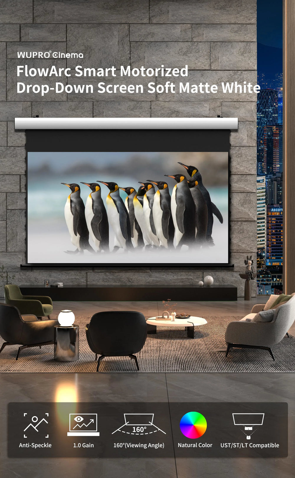 WUPRO FlowArc Soft Matte White tab tension motorized drop down screen for home theater projection