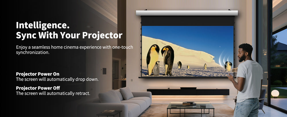 WUPRO FlowArc Soft Matte White motorized screen with USB trigger for automatic projector synchronization