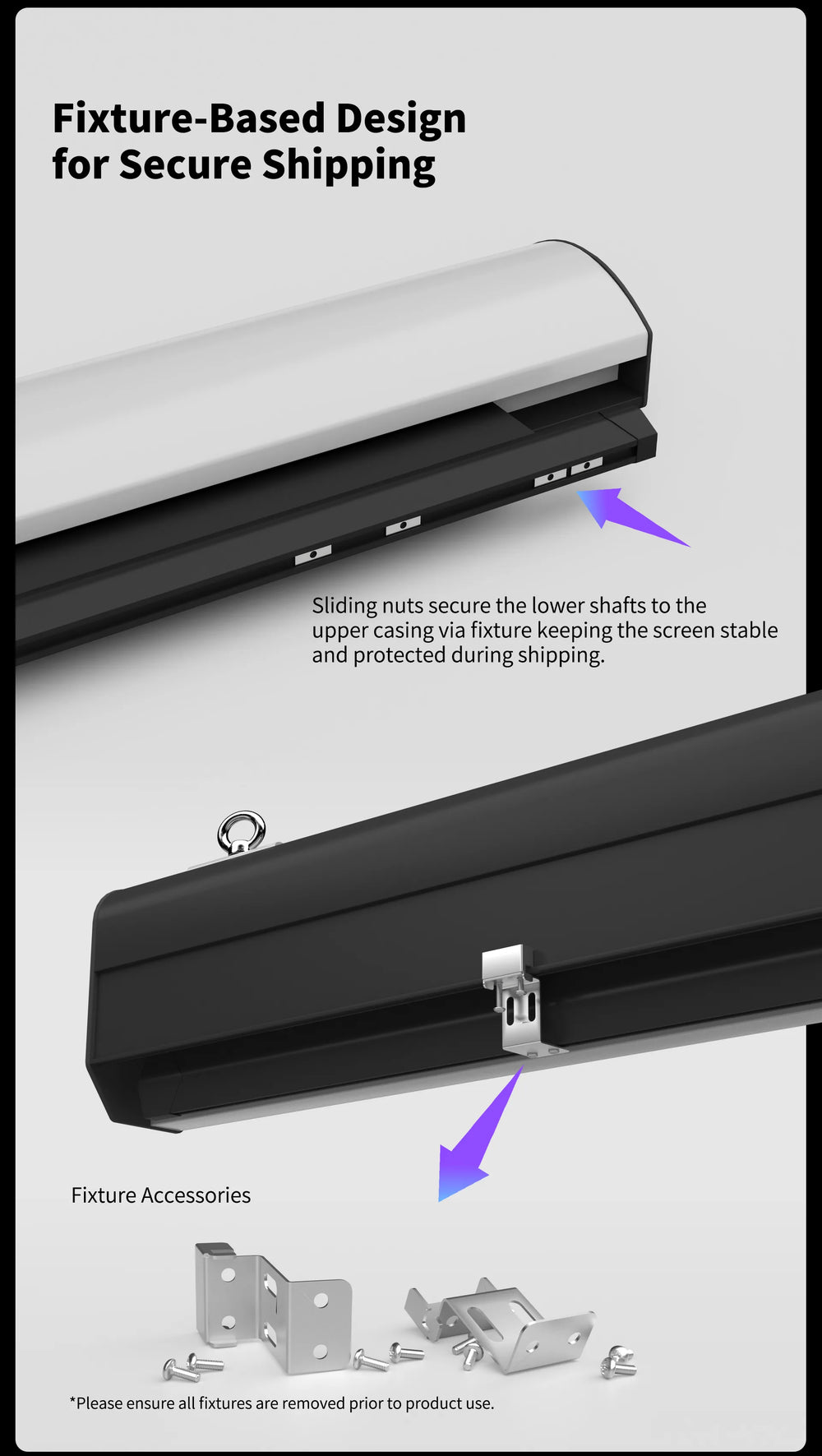 WUPRO FlowArc motorized screen is secured in place during shipping to protect the screen and internal components