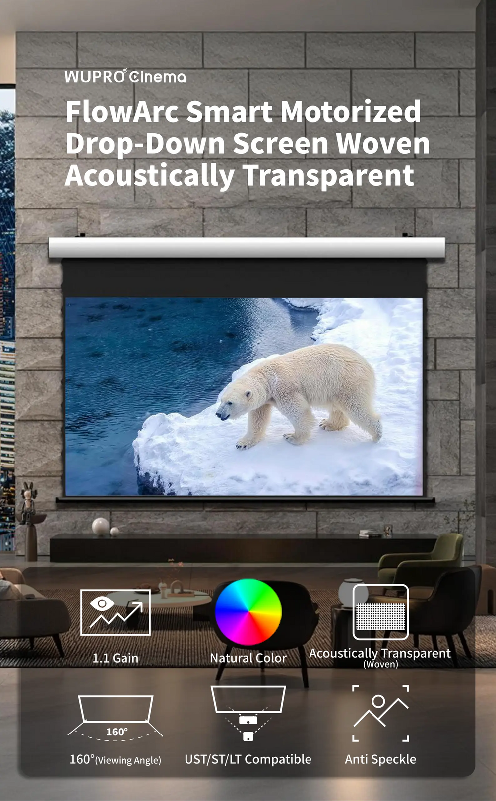 WUPRO FlowArc drop down screen with woven acoustic transparent anti-speckle fabric for RGB triple laser projectors