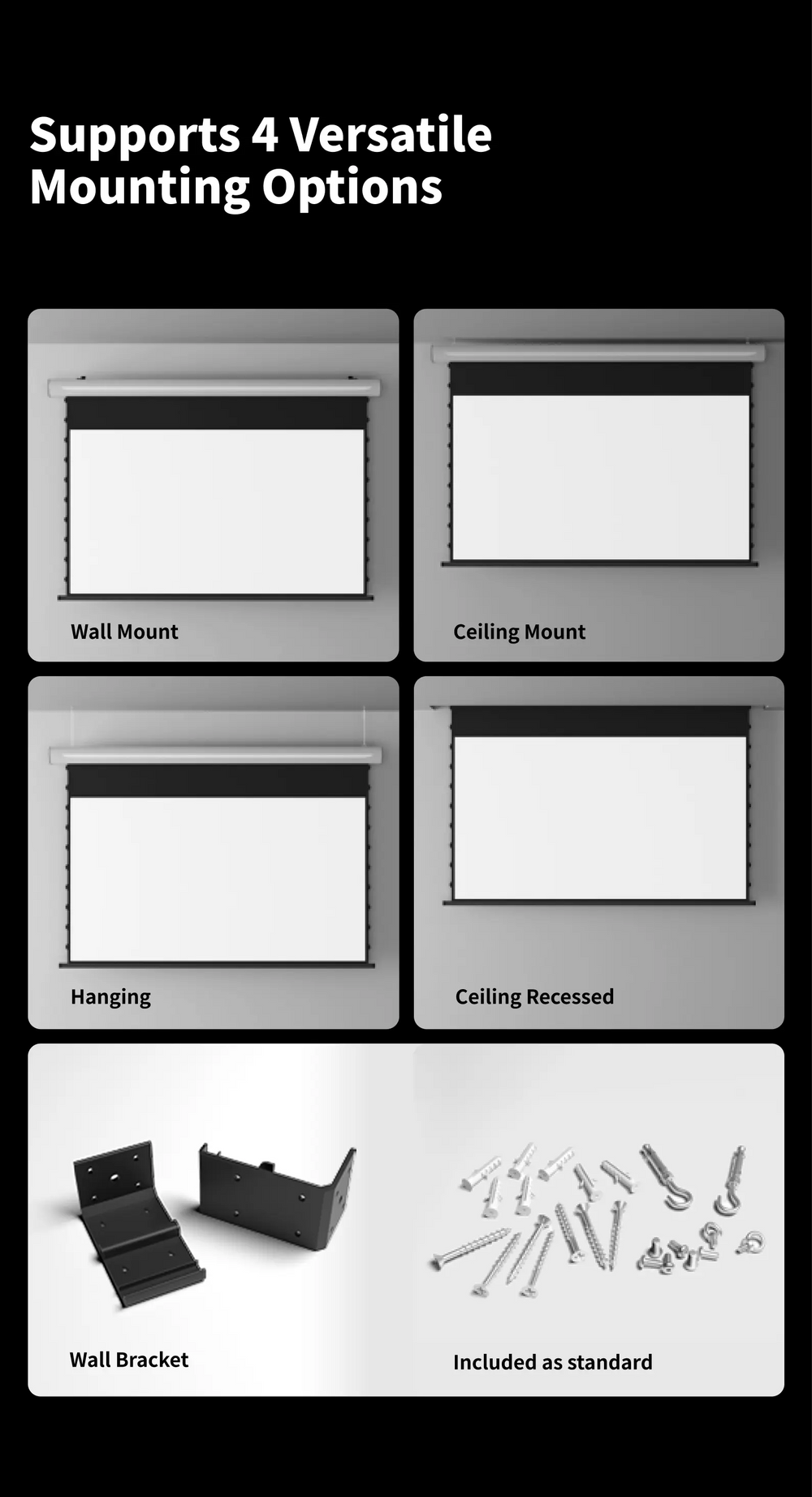 WUPRO FlowArc woven acoustic transparent motorized screen with wall or ceiling mounting system