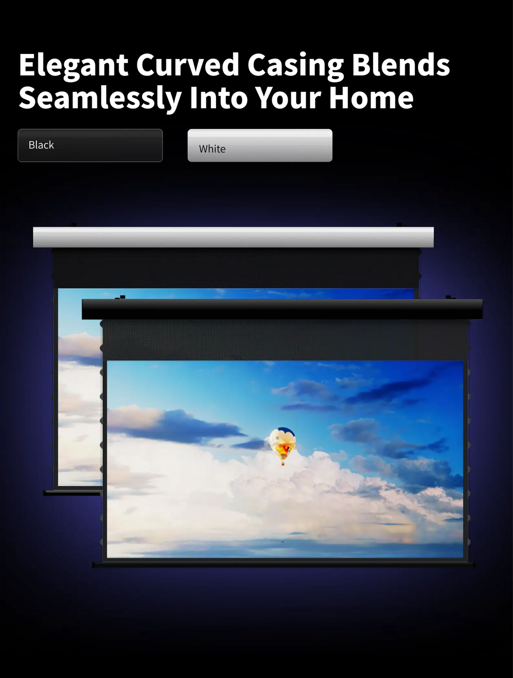 WUPRO FlowArc woven acoustic transparent motorized screen with black or white aluminum housing options