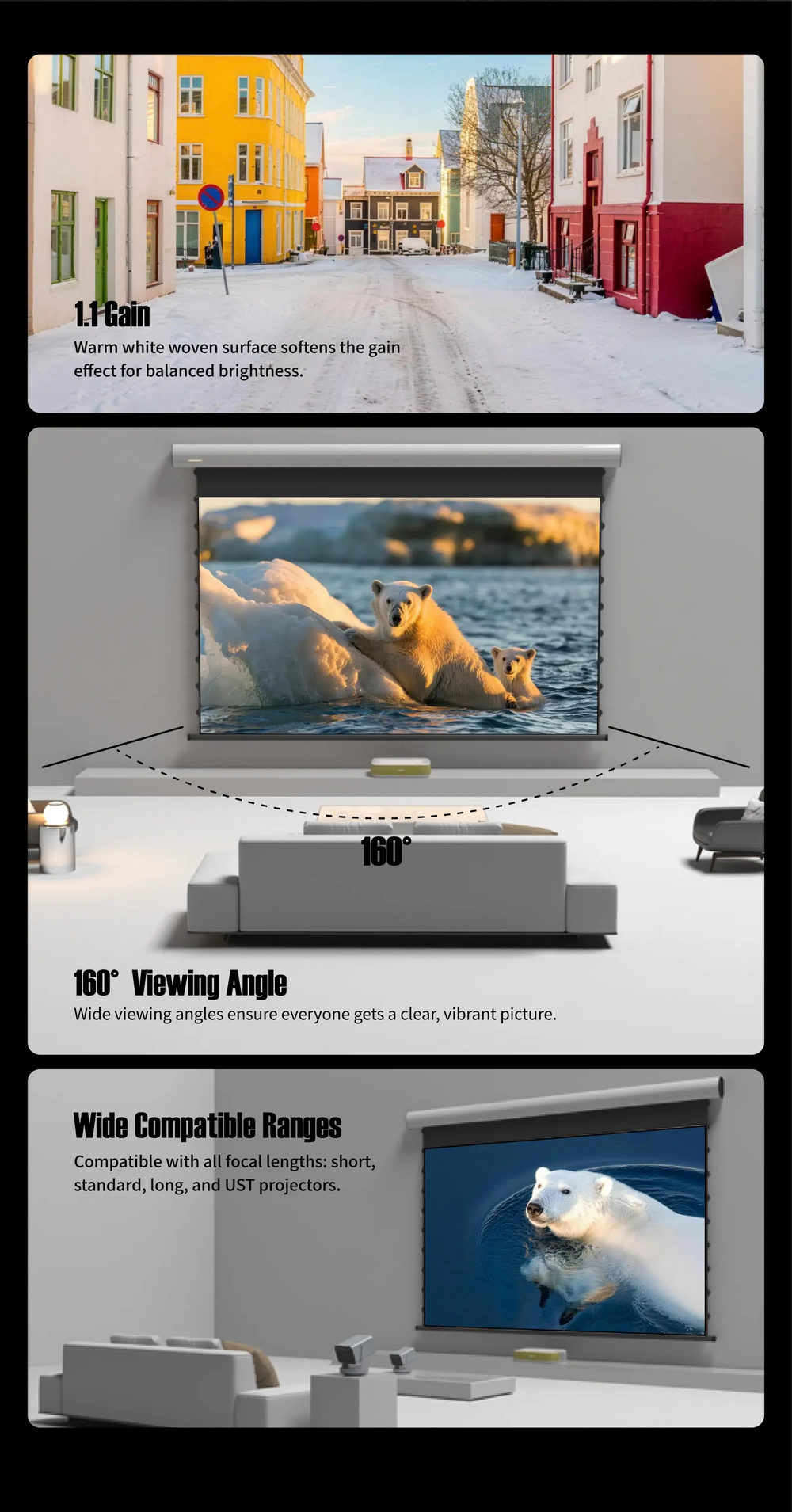 WUPRO FlowArc woven acoustic transparent drop down screen with anti-speckle 1.1 gain 160 degree viewing 4K fabric and RGB triple laser compatibility