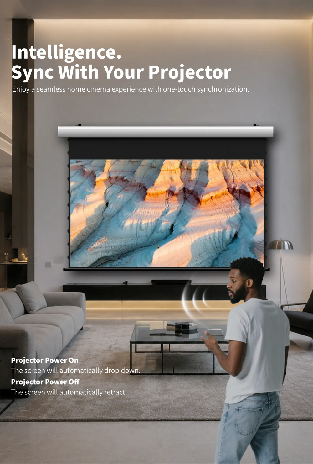 WUPRO FlowArc woven acoustic transparent motorized screen with USB trigger for automatic projector synchronization
