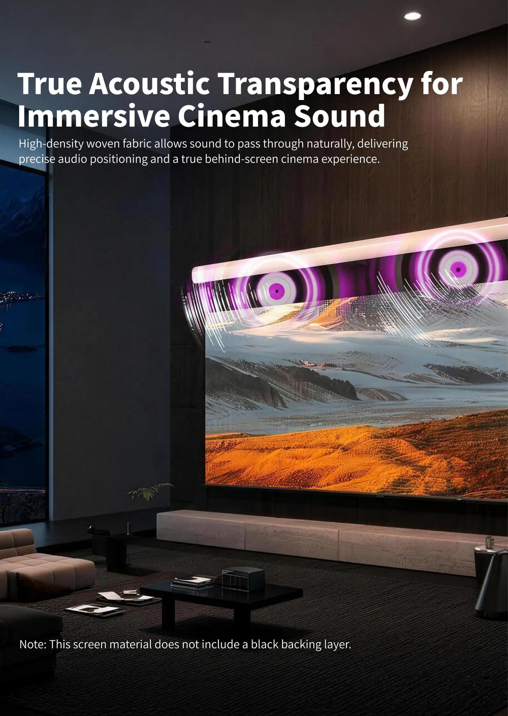 WUPRO FlowArc woven acoustic transparent screen allows home theater speakers to be installed behind the projection surface