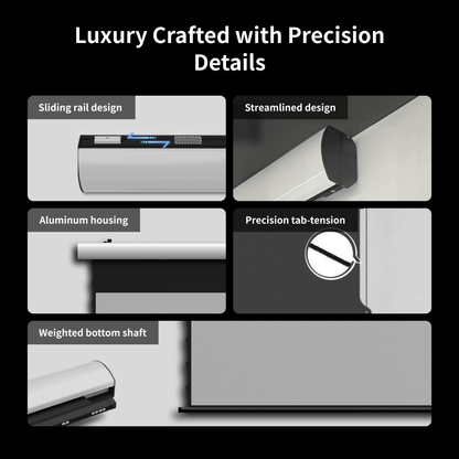 WUPRO FlowArc luxury motorized projector screen with premium aluminum alloy housing, ultra-quiet motor, advanced tab tension system, and user-friendly installation for high-end home theater setups