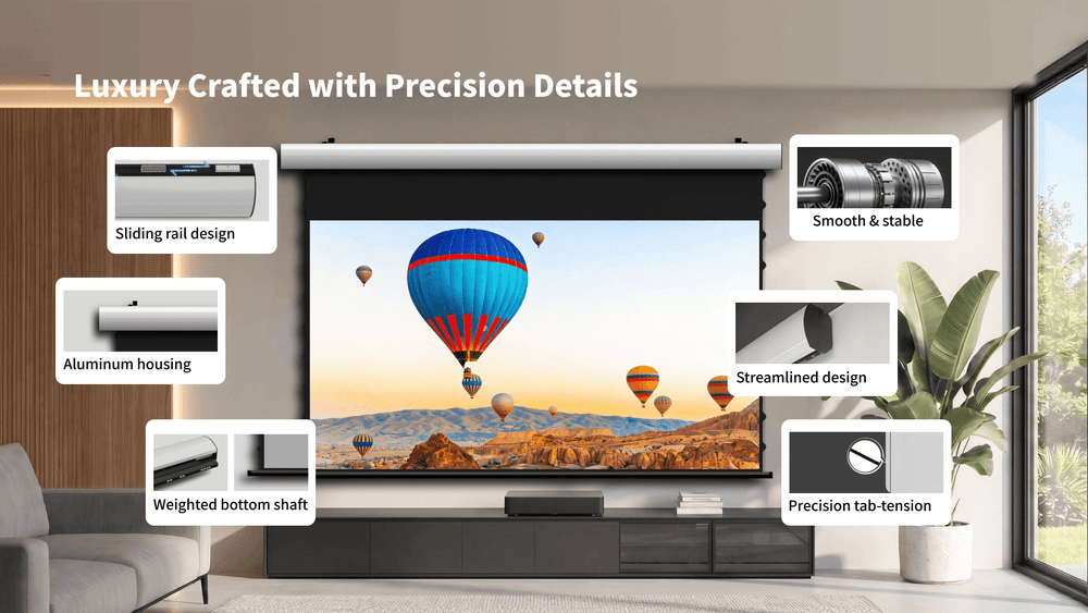 WUPRO FlowArc Soft Matte Grey motorized drop down screen with tab tension system smooth motorized movement and refined craftsmanship details