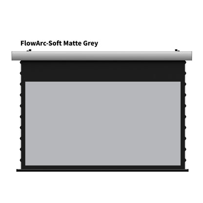 WUPRO FlowArc Motorized Drop Down Screen with White Housing and Soft Matte Grey Screen Material