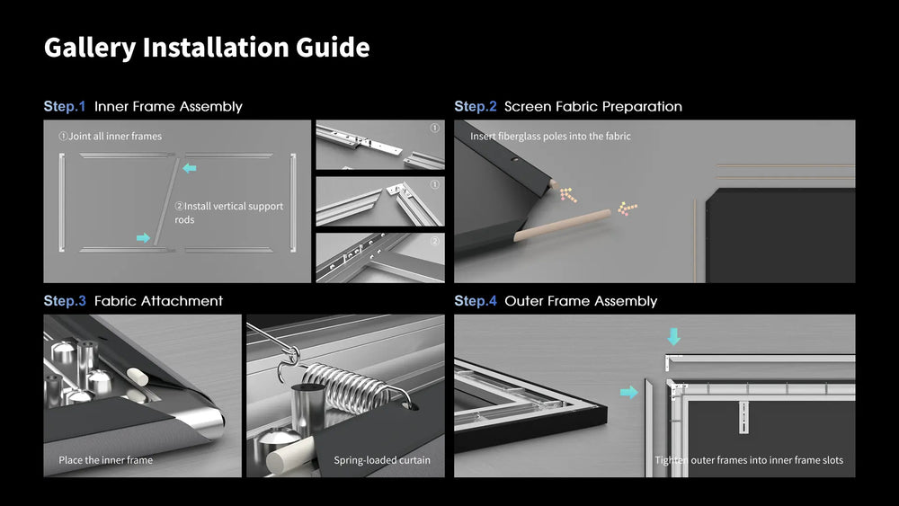 Easy installation steps for wupro 23 frame Gallery screen using spring tension system, quick and tool-free setup
