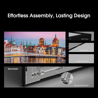 WUPRO Cinema Gallery fixed frame screen construction details — velvet-wrapped aluminum frame, 1cm ultra-slim bezel, angular tight weave surface, and spring hook tension system for effortless assembly