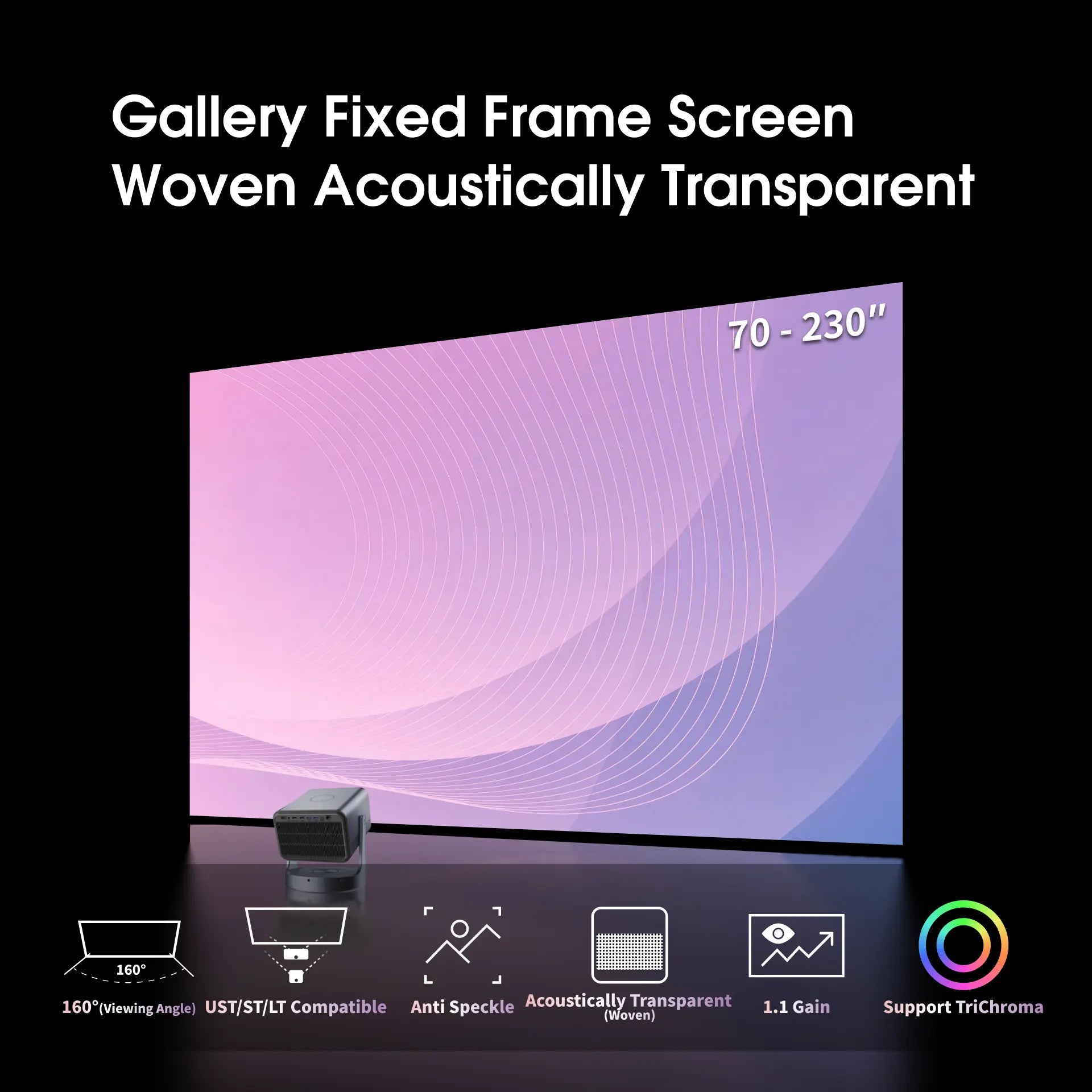 WUPRO Cinema 4K Weave acoustically transparent fixed frame projection screen with 1.1 gain, anti-speckle technology, and UST projector compatibility — 70 to 230 inch available