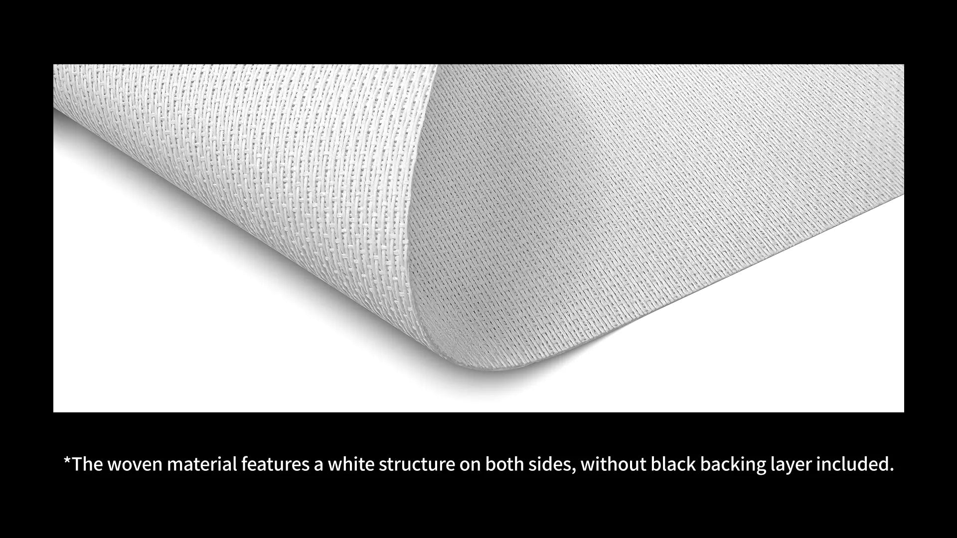 Extreme close-up of WUPRO Cinema 4K Weave acoustically transparent fabric showing ultra-fine woven structure on both sides — no black backing layer for maximum sound transparency
