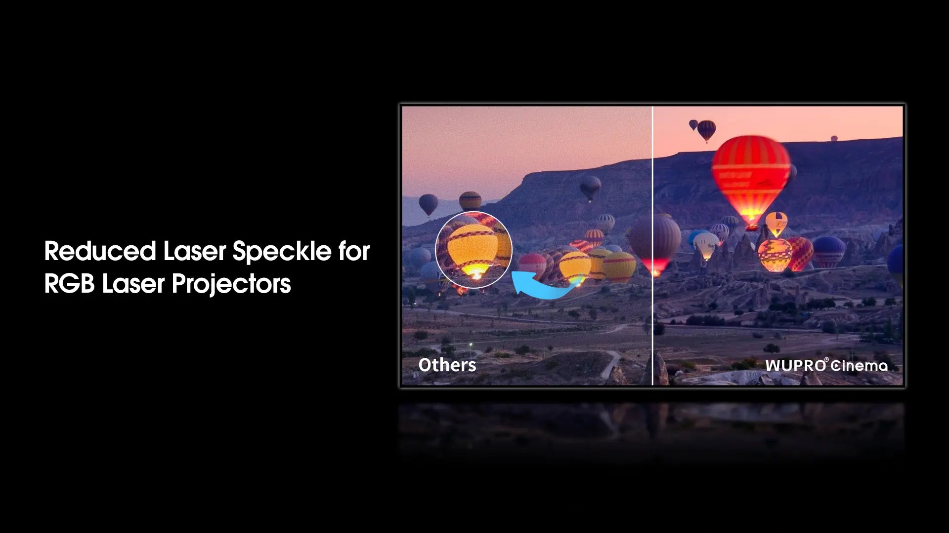 WUPRO Cinema 4K Weave AT screen right versus conventional projection screen left showing dramatic speckle suppression for tri-chroma laser projectors