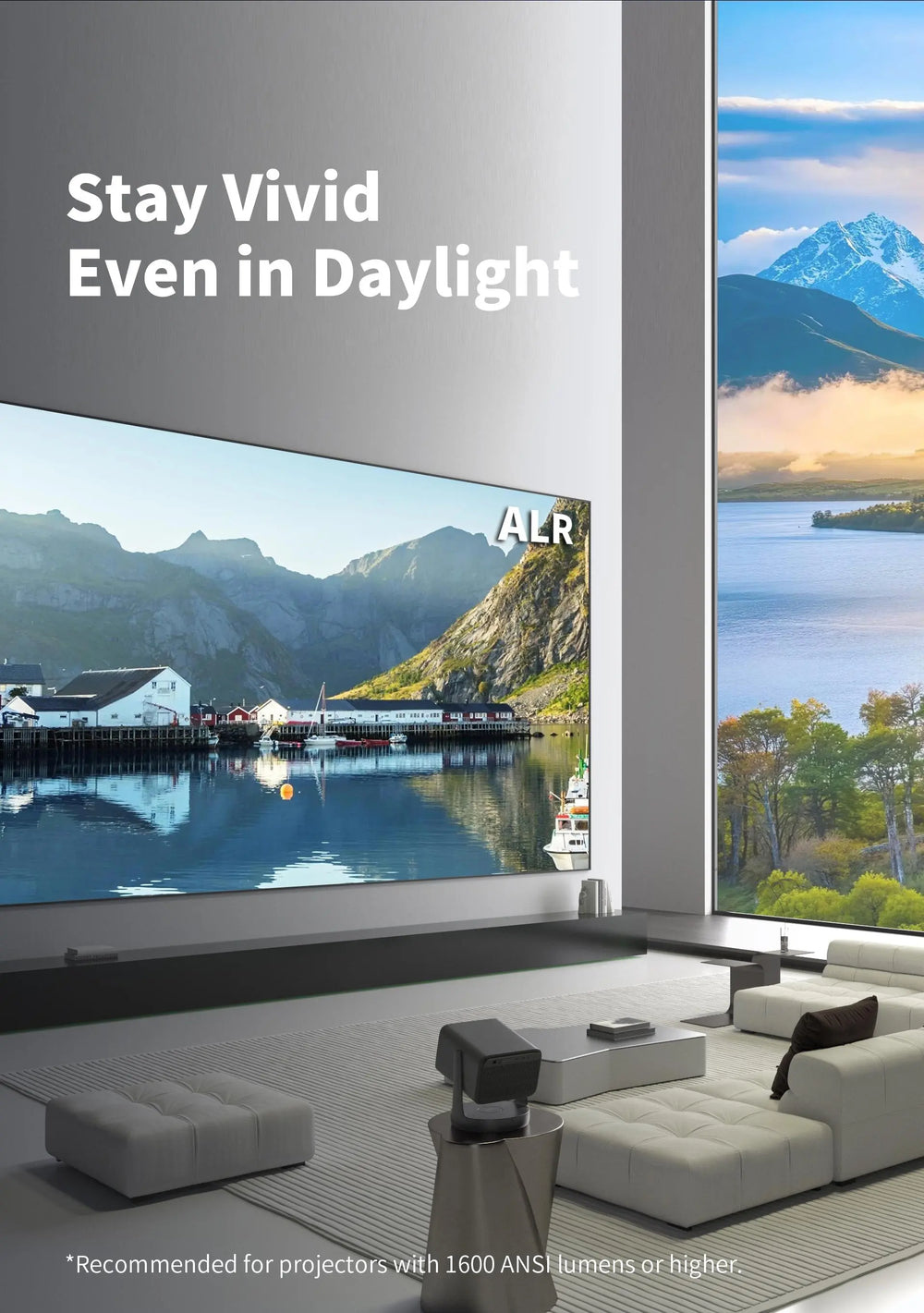 Black Crystal ALR fixed frame screen for improved long throw projection in ambient light