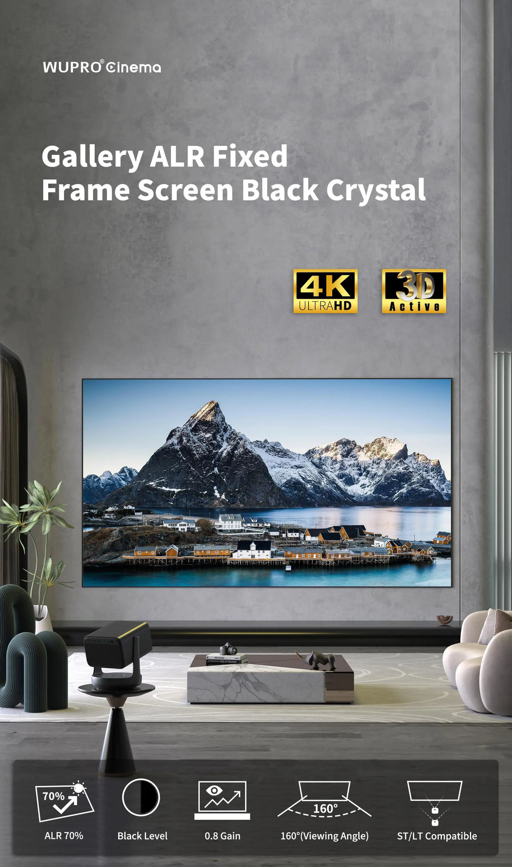 WUPRO Gallery Black Crystal ALR fixed frame screen for standard and long throw projectors with deep blacks and high contrast