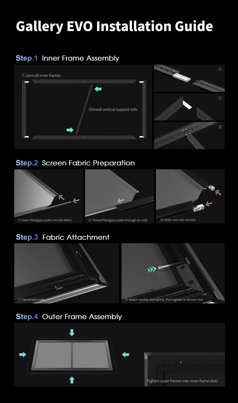 WUPRO Gallery EVO CBSP fixed frame projector screen assembly and installation guide