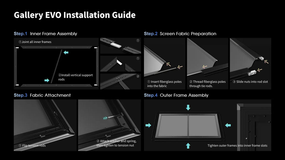 WUPRO Gallery EVO CBSP fixed frame projector screen assembly and installation guide