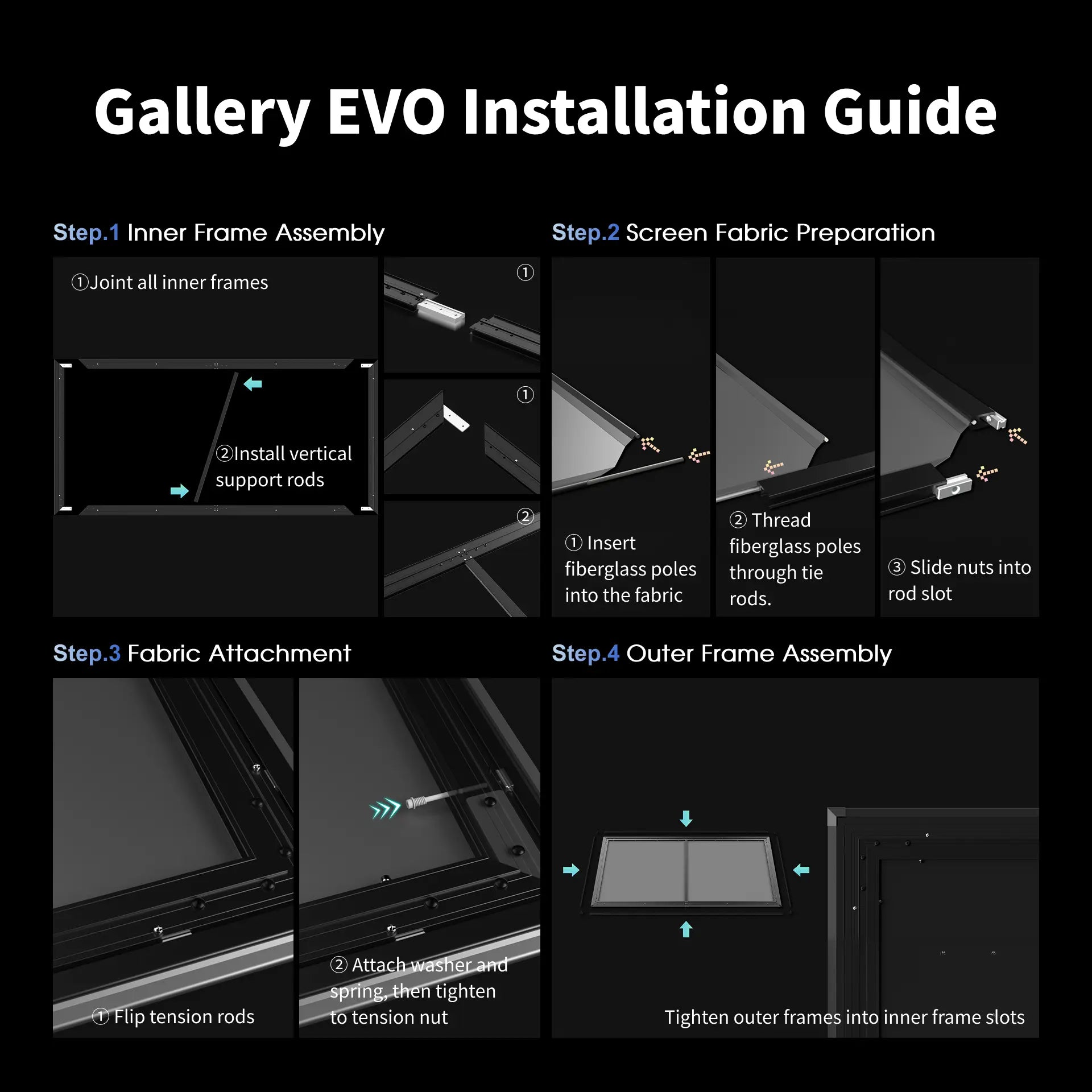 Installation steps for Gallery EVO 24 frame fixed screen using screw Installation steps for Gallery EVO 24 frame fixed screen using screw system for better inflatness