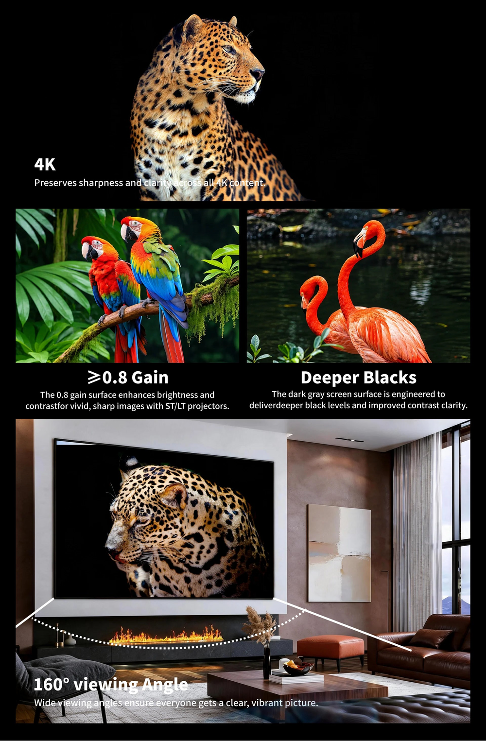 WUPRO Gallery EVO Black Crystal ALR fixed frame screen with 0.8 gain, 160° viewing angle and high black levels