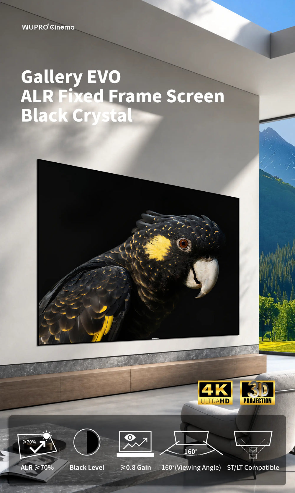 WUPRO Gallery EVO Black Crystal ALR fixed frame projector screen for standard and long throw projectors