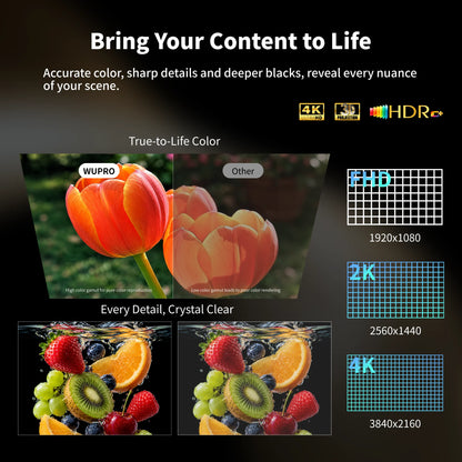 WUPRO Cinema Gallery EVO Black Crystal ALR projector screen showing 4K UHD, 3D projection, HDR, color comparison, and image detail