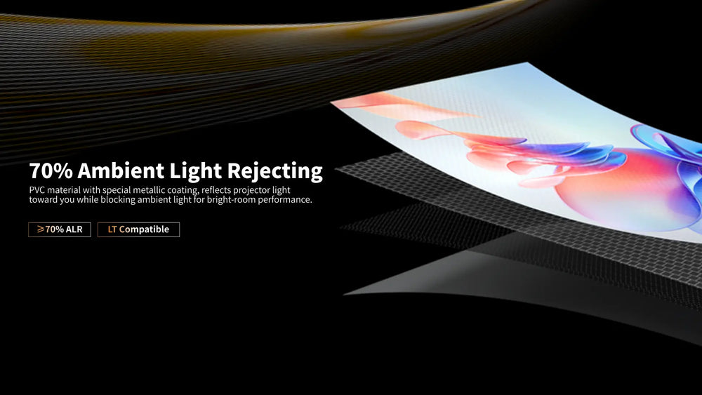 WUPRO Cinema Gallery EVO Black Crystal PVC projector screen material with a special metallic coating for 70% ambient light rejection and standard and long throw projector use