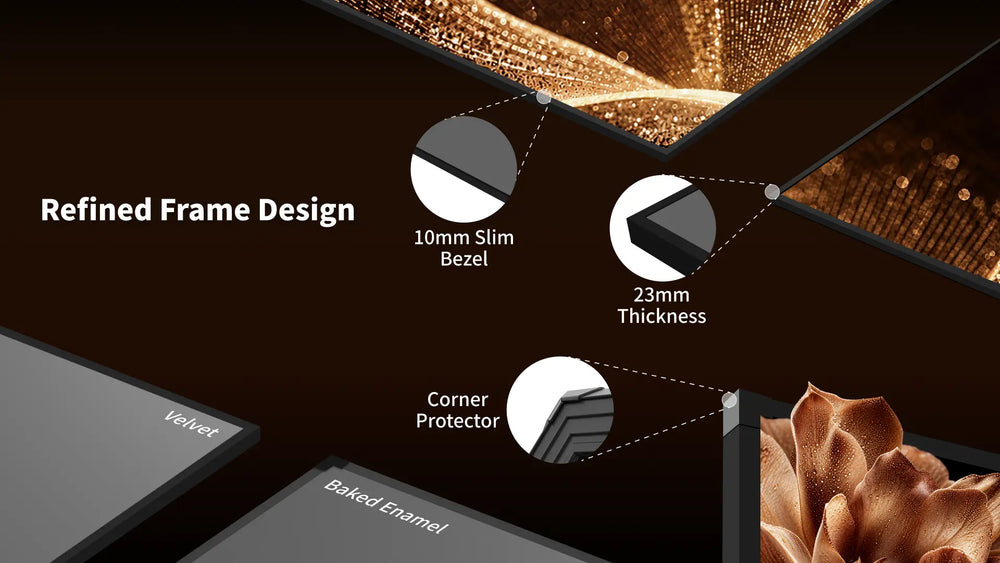 WUPRO Cinema Gallery EVO Black Crystal fixed frame projector screen with Velvet and Baked Enamel frame finish options, a slim bezel, and corner protection