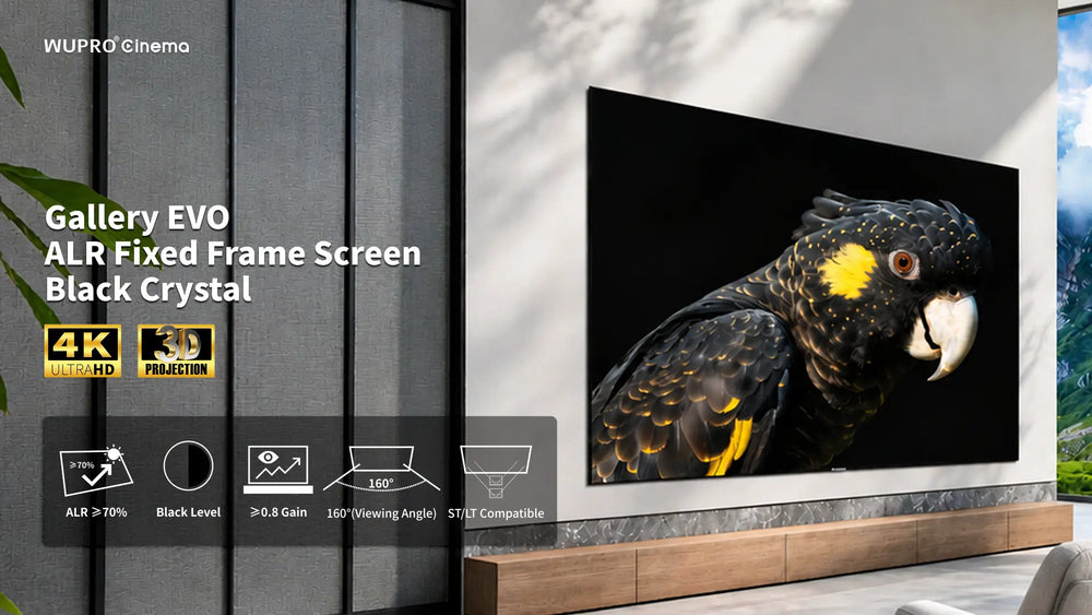 WUPRO Cinema Gallery EVO Black Crystal ALR fixed frame projector screen for standard and long throw projectors, available from 100 to 150 inches with 70% ambient light rejection, good black levels, 160 degree viewing angle, and 4K and 8K UHD support