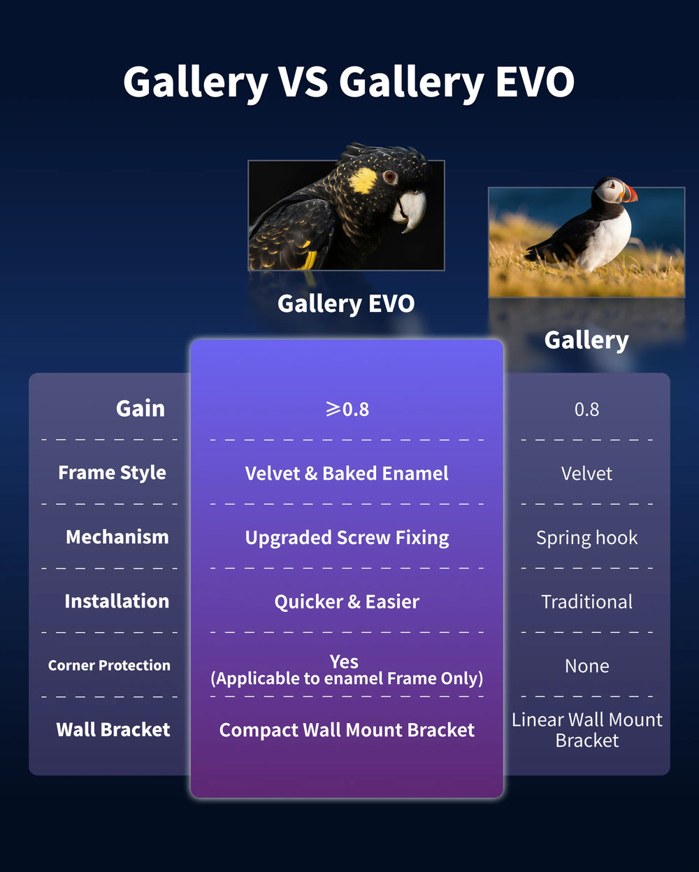 WUPRO Gallery EVO Black Crystal fixed frame screen comparison with Gallery Series including frame design, installation and screen features