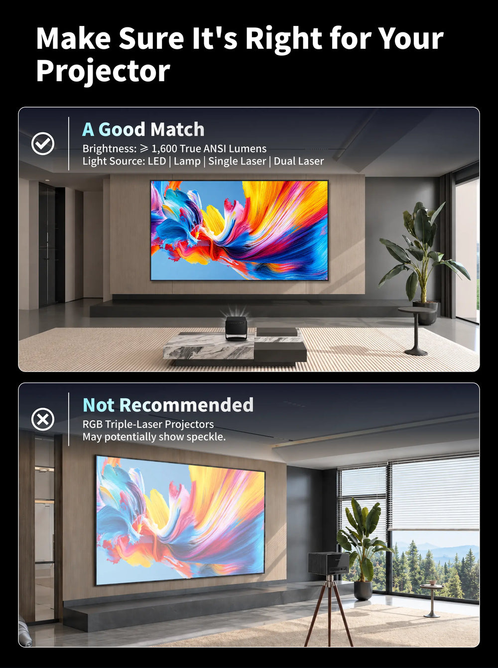 WUPRO Gallery EVO Black Crystal ALR screen compatible with multiple long throw projector light sources but not recommended for RGB triple laser projectors