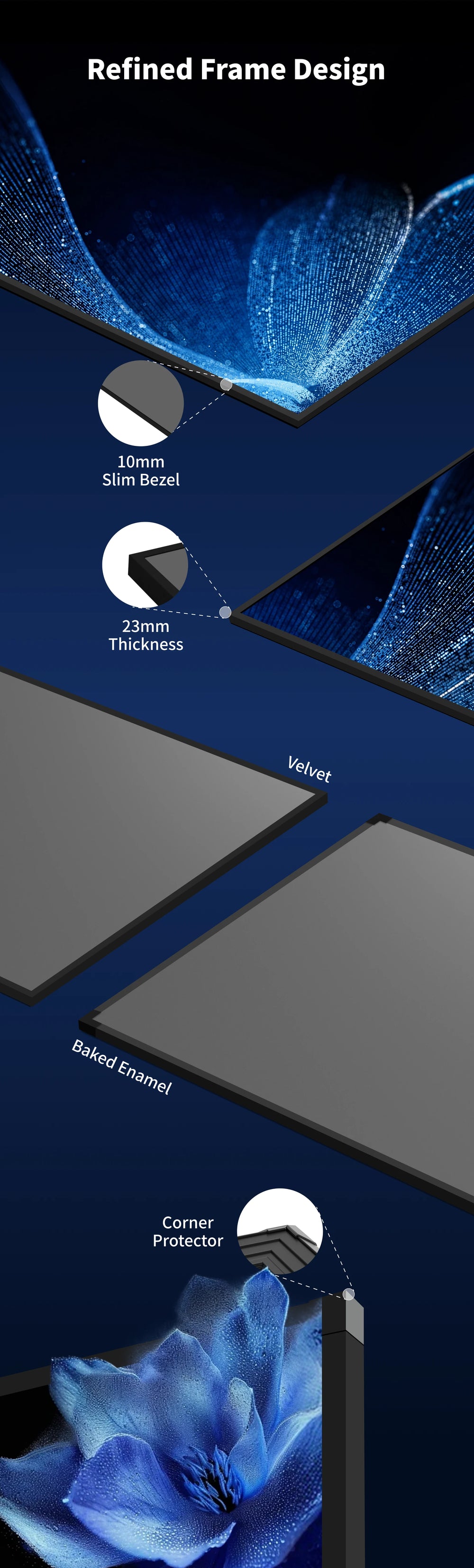 WUPRO Gallery EVO Black Crystal fixed frame screen with black velvet or baked enamel frame options