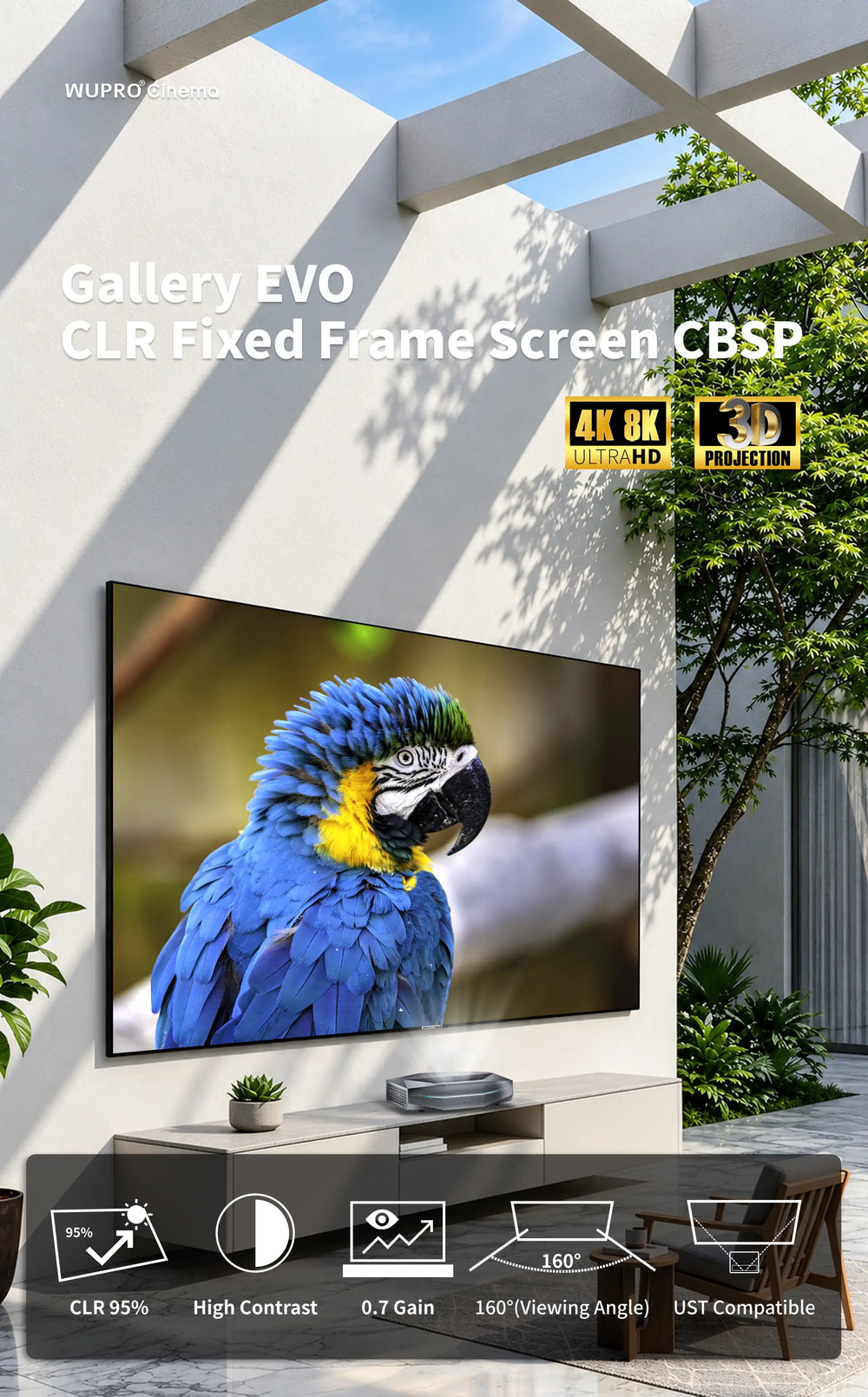 WUPRO Gallery EVO CBSP CLR fixed frame projector screen 100-127 inch seamless for ultra short throw projectors