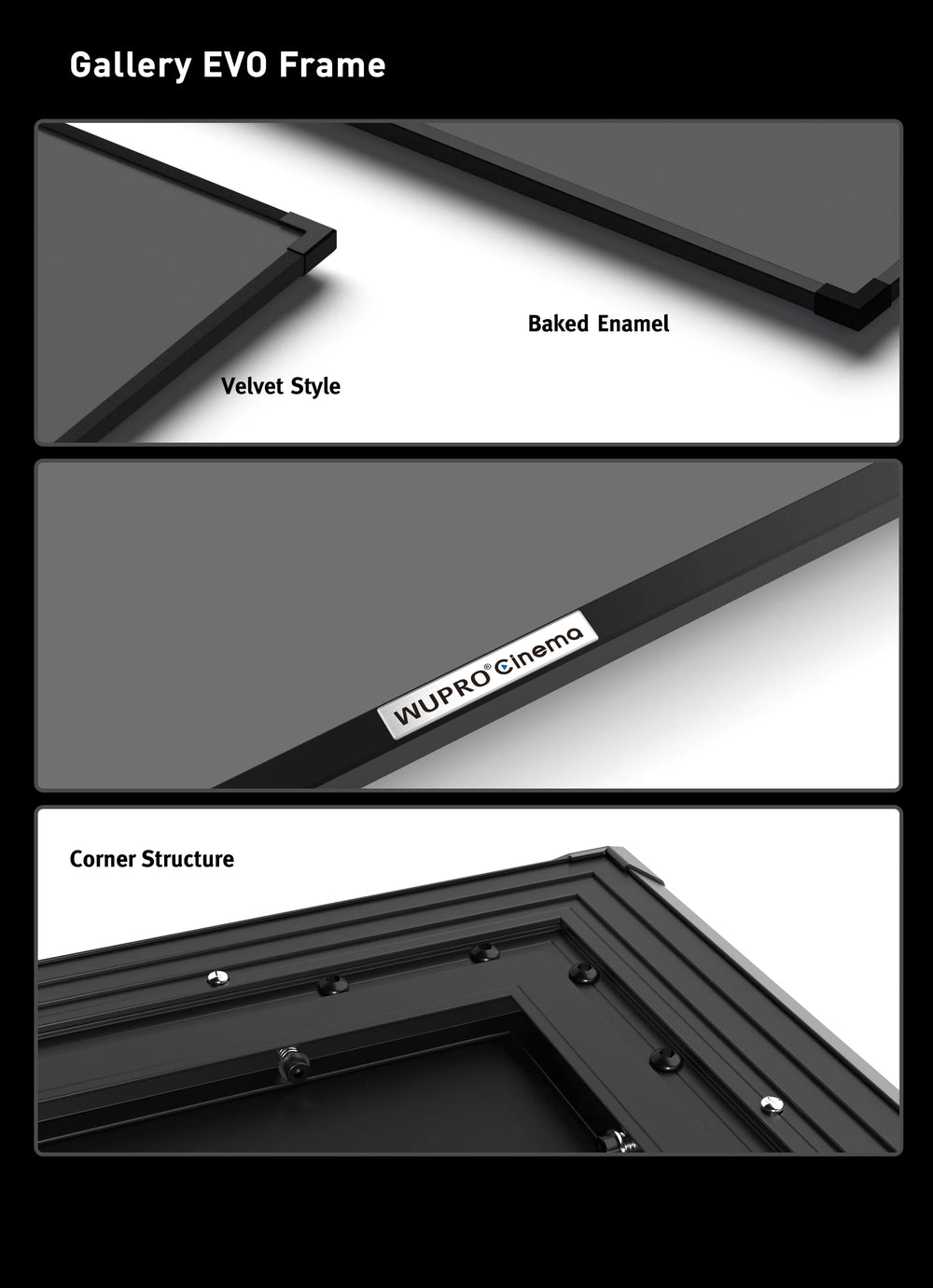 WUPRO Gallery EVO KBSP 133 inch seamless fixed frame screen with ultra slim black velvet bezel or baked optional