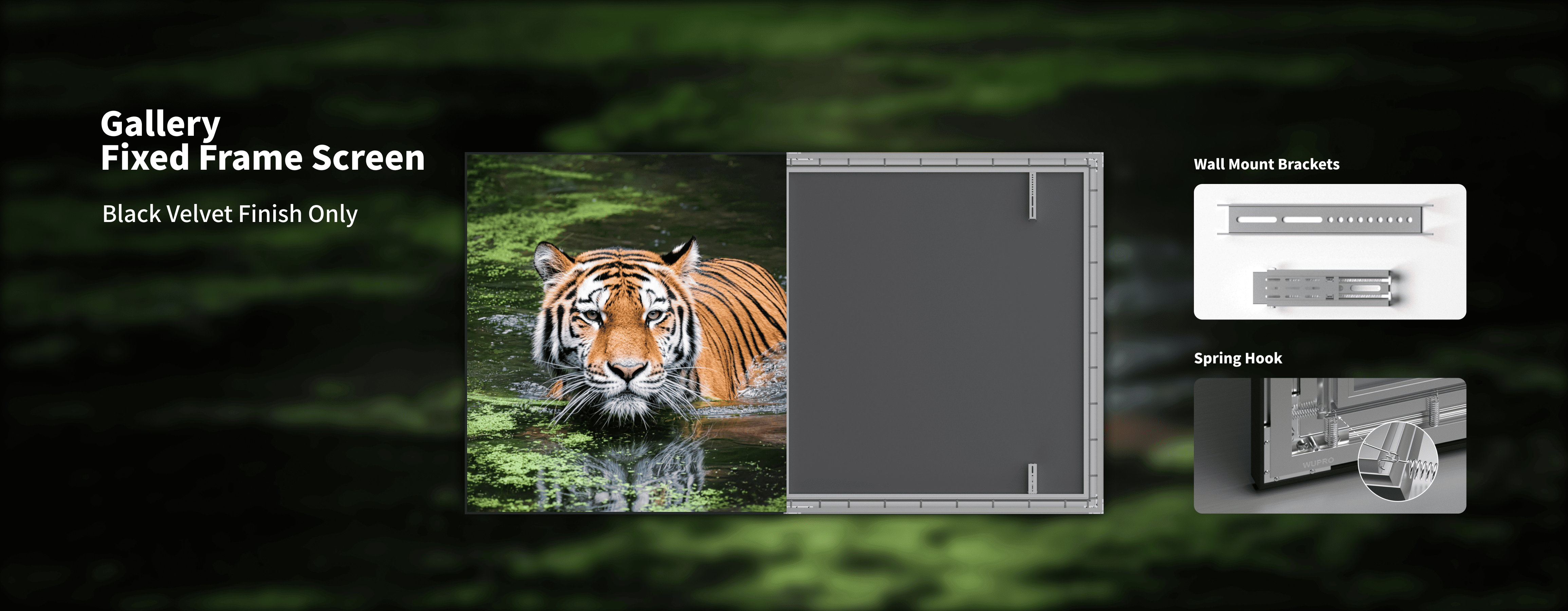 WUPRO Gallery fixed frame projector screen featuring a classic spring hook tension system with a premium velvet-wrapped aluminum frame for home theater installations.