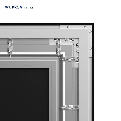 WUPRO Gallery fixed frame screen rear tension system for a flat surface， Corner detail of WUPRO Gallery fixed frame screen with precise frame assembly
